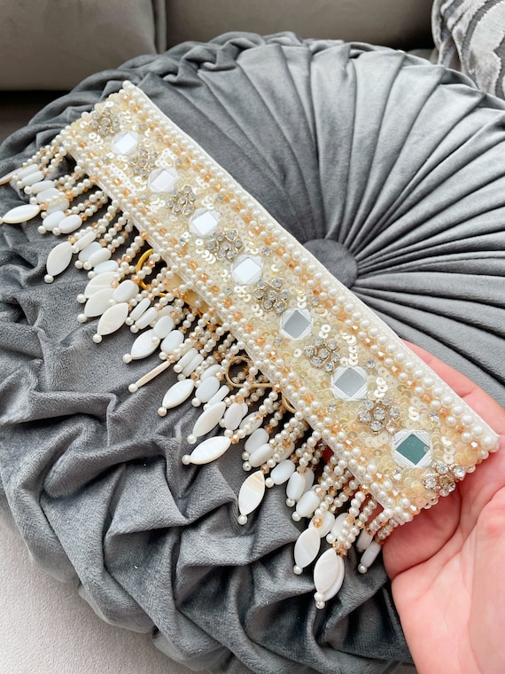 Indian White Pale Gold Zari Mirror Stone Pearl Sequin Embellished Hand  Embroidered Adult Size Sari Saree Dress Costume Bridal Belt