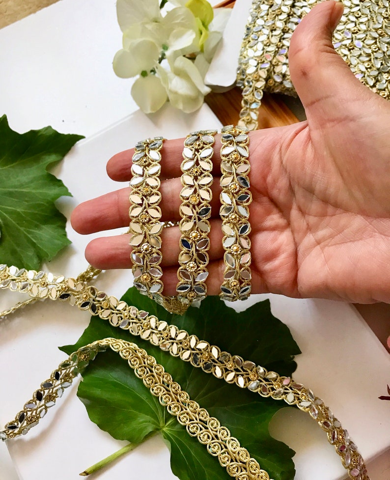 Golden 5 Yards Latest Indian Mirror Silver Stone Work Craft Sari Dupatta Kinari boarder lace Trim Gold 1.8 cm wide