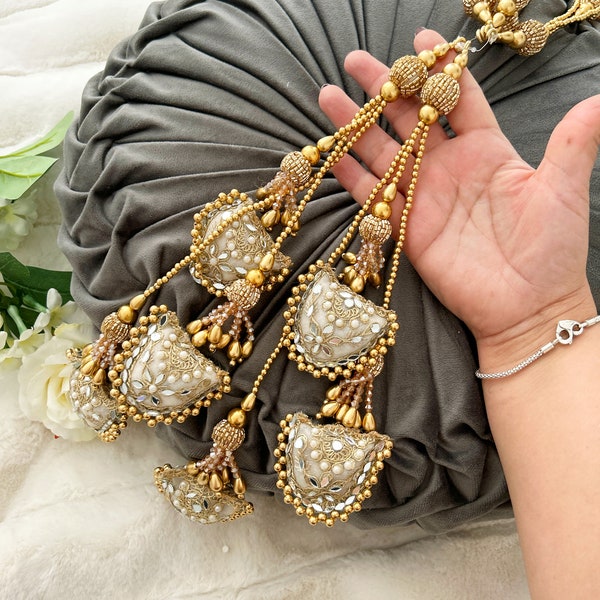 2 Pieces Antique Gold Pearl Mirror Embellished Embroidered Tassel Indian Beaded Bridal Latkans Wedding Crafting Charms Embellishment Tieback