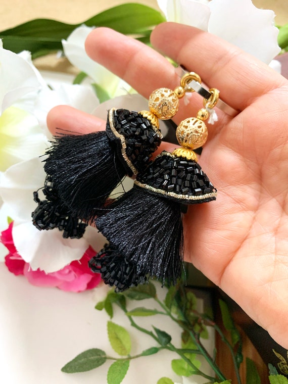 Black Tassels Cutdana Cap Cluster Bridal Tassels Decorative Tassels Saree Blouse Tassels Indian Tassels Sewing Latkans 1 Pair