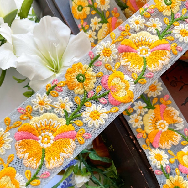 2.55 Yards Yellow floral Indian Net Fabric Cushion Bags Sewing Fabric Crafting Embroidery Wedding Costumes Trim