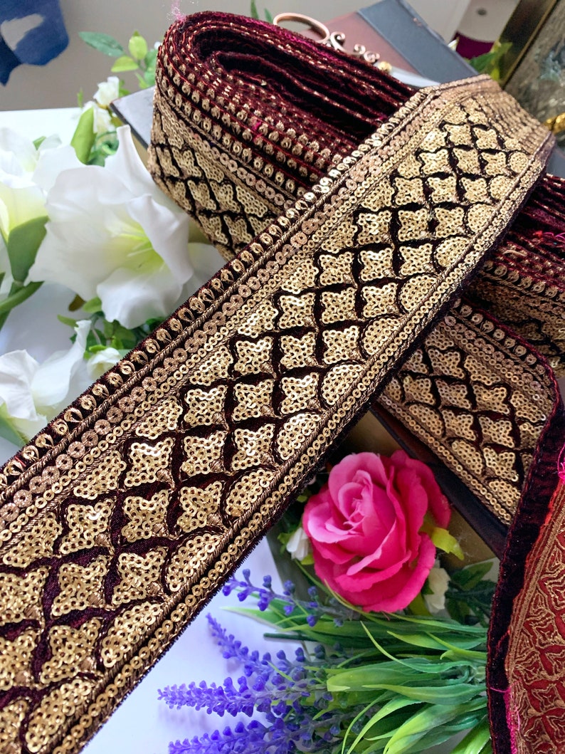Bridal Maroon Velvet Fabric Trim Embroidered Lace Indian Sari Border gold Sequined embellished Sewing Crafting Lace 2.75 In Wide