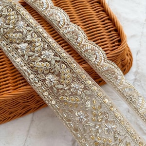 3 Yard lichtgouden Zari pailletten parel cutdana verfraaid geborduurd naaiwerk bruids dupatta knutselen jurk Saree Indiase kant trim