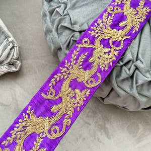 Purple Zari Embroidered Sari Border: Indian Dress Lace Trim (7.3 cm Wide) 1 Yard