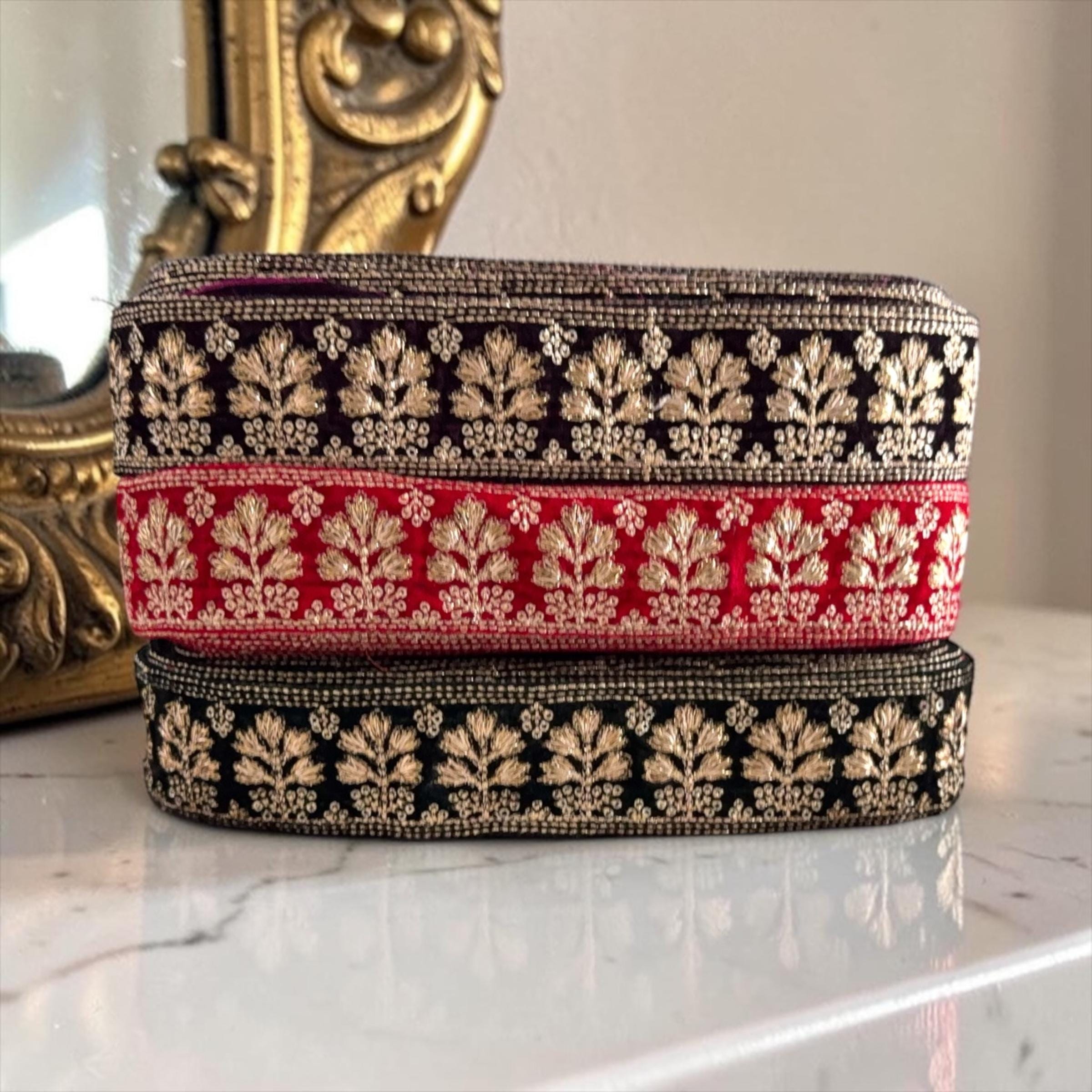 4.6cm Velvet Trim | Red Wine Bottle Green | Gold Zari Sequin
