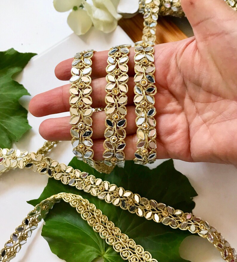 Golden 5 Yards Latest Indian Mirror Silver Stone Work Craft Sari Dupatta Kinari boarder lace Trim Gold 1.8 cm wide