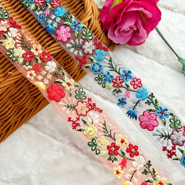 Florale bestickte Borte, Paillettenborte, Zari Sari Bordüre, 1 Yard