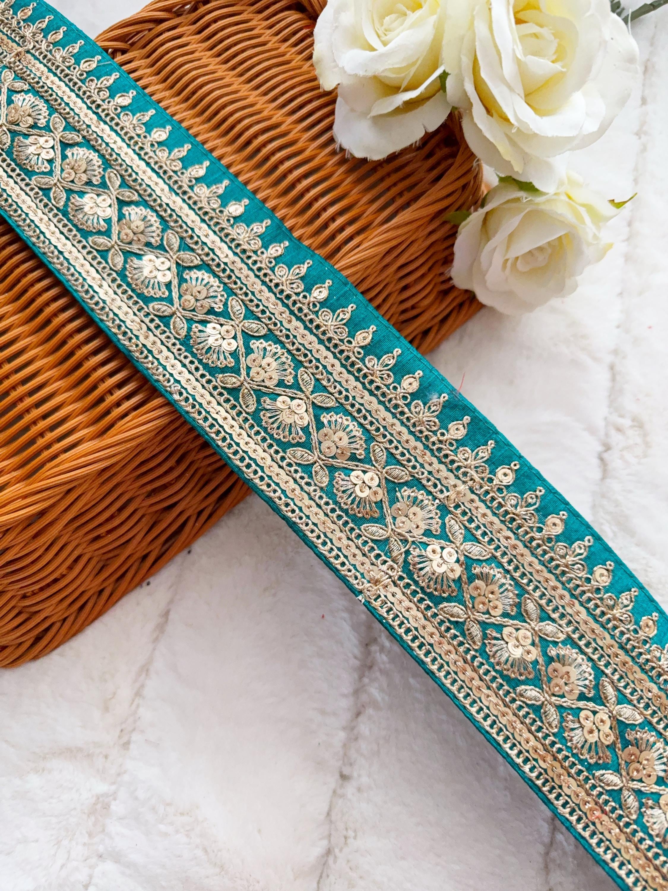 Rama Green Zari Sequin Embroidered Trim: Indian Bridal Lace (9.5