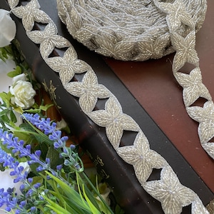 1 Yard Cutwork Silver Zardosi Floral Trim Hand Embroidered Trim Diamante Beads Bridal Showers Bridal Applique Sash 3.5 Cm Wide