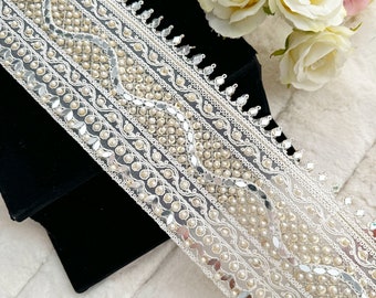 1 Yards Bridal Pale Gold Zari White Pearl Mirror Embellished Indian Bridal Net Dupatta Trim Crafting Sash Lace Border Trim 10.5 Cm Wide