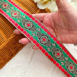 1 Yard Indian woven Jacquard  Red Green Gold Metallic Zari Embroidered Hat Sewing Crafting Ribbon Lace Trim 5.2 Cm wide