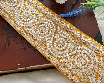 Mustard Gota Embellished Indian Gold Zari Embroidered Wedding Sash Dupatta Sari Lace Trim Wedding Saree Trimming Crafting Border