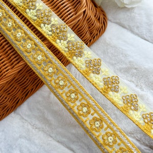 1 mètre bordures brodées florales jaunes couture coussins de costume ruban sari broderie artisanat frontière sari robe de mariée indienne