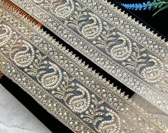 1 Yards Pale Gold/ Gold Indian Zari Stone Pearl Embellished Paisley Net Fabric Trim Sari Bridal Dupatta Lace Trim Border, 10.8 Cm Wide