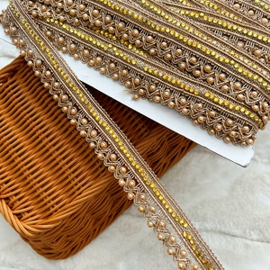 9 Yards Rose Gold Stone Pearl Embellished Beaded Trim, Pearl Lace, Indian Fabric Trim, Bridal Wear Embellishment, Sewing Crafting Pearl Trim