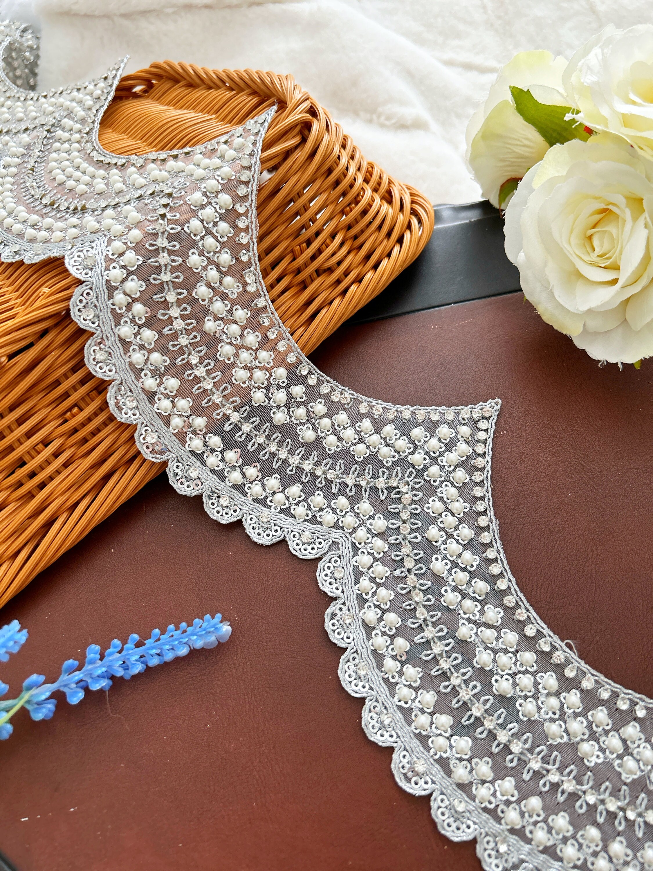 1yard Polyester Pearl Flower Embroidered Fabric Lace Trim Ribbon Handmade DIY Se