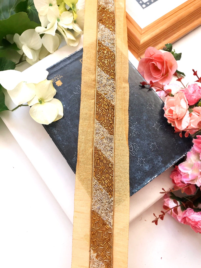 Holiday Decoration Lace Bronze Gold and Silver Beads Lace Saree Border Trim Headdress Trim Indian Trim Art Quilts Sari Fabric 1 Yard