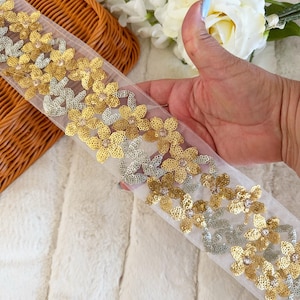 3,50 Yard indische Gold Silber Blumen Pailletten verschönert Netz gestickt Dupatta Sari Crafting Nähen Spitzenbesatz Besätze 7,8 cm breit