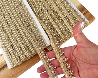 9 Yards Pearl Stone Zari Gota Embellished Gold Indian Embroidered Dupatta Dress Costume Sewing Scallop Crafting Saree Lace trim 2.2 Cm Wide