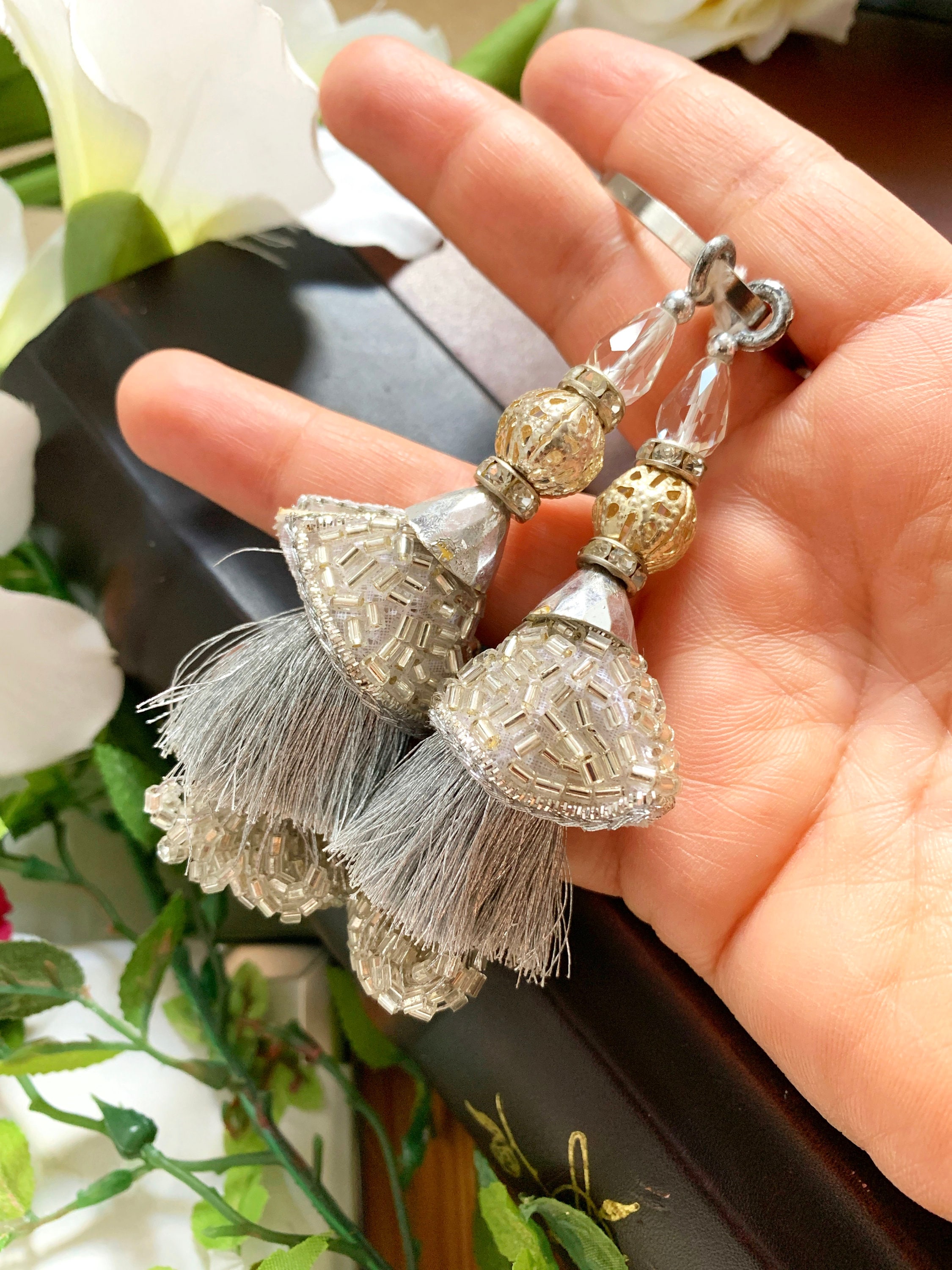 Silver Tassels, Cut dana Cap, Cluster, Bridal Tassels, Decorative Tassels, Saree Blouse Tassels, Indian Tassels, Sewing Latkans  1 Pair