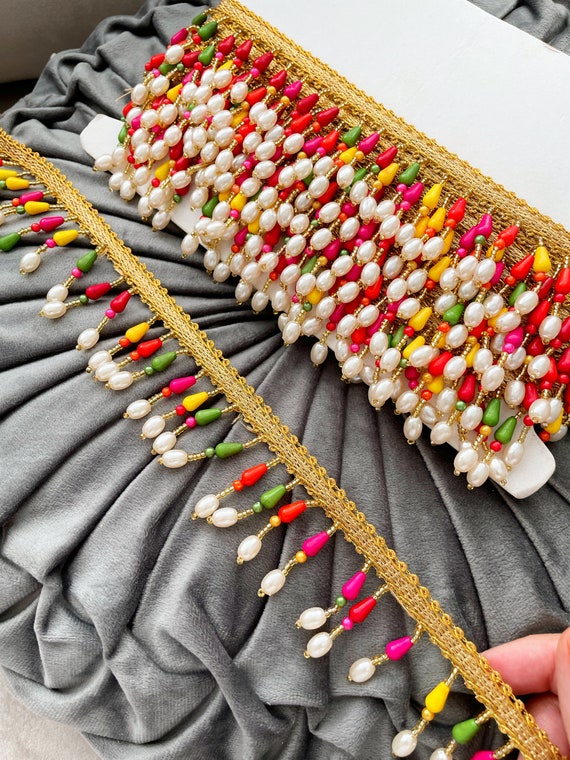 1 Yard Multicolour Tassel Trim Beaded Fringe Trim Indian Bead Lace Dupatta  Border Crafting Bag Dress Glass Bead Trim 4.3 Cm Wide 