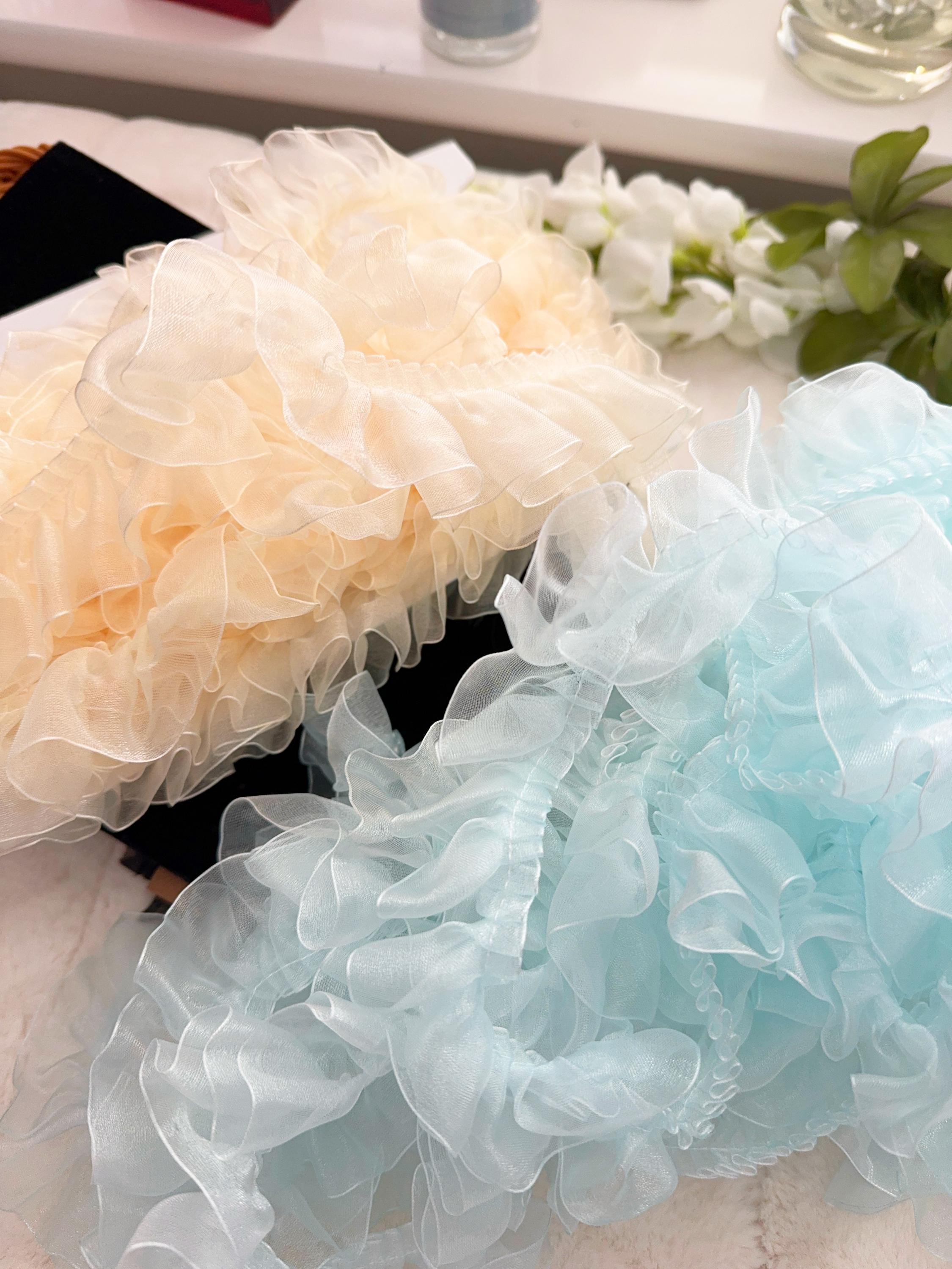 Lemon & Sky Blue Organza Ruffle Trim: 4cm Pleated Frill, 9 Yards