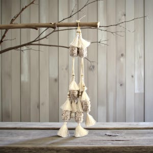 Può includere: Nappe decorative color crema con dettagli di perline e lunghe nappe fluenti. Le nappe sono sospese a un ramo di legno su uno sfondo di parete e tavolo in legno di colore chiaro.