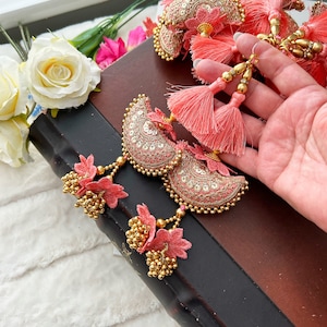 Peach Fringe gold Bead Embellished, Bridal Tassels, Decorative , Blouse Tassels, Indian Tassels Sewing Latkans  1 Pair