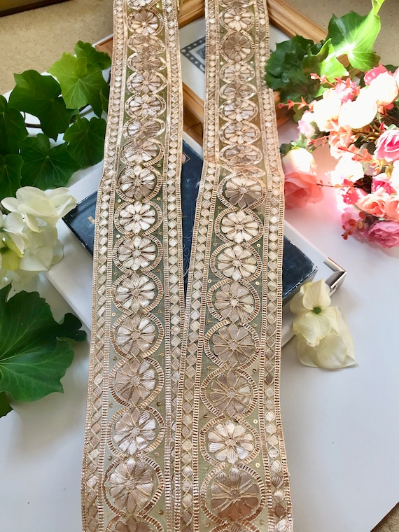 9 yardas último Espejo indio Perla y trabajo zari Piedra Sari Dupatta Ribete De Encaje