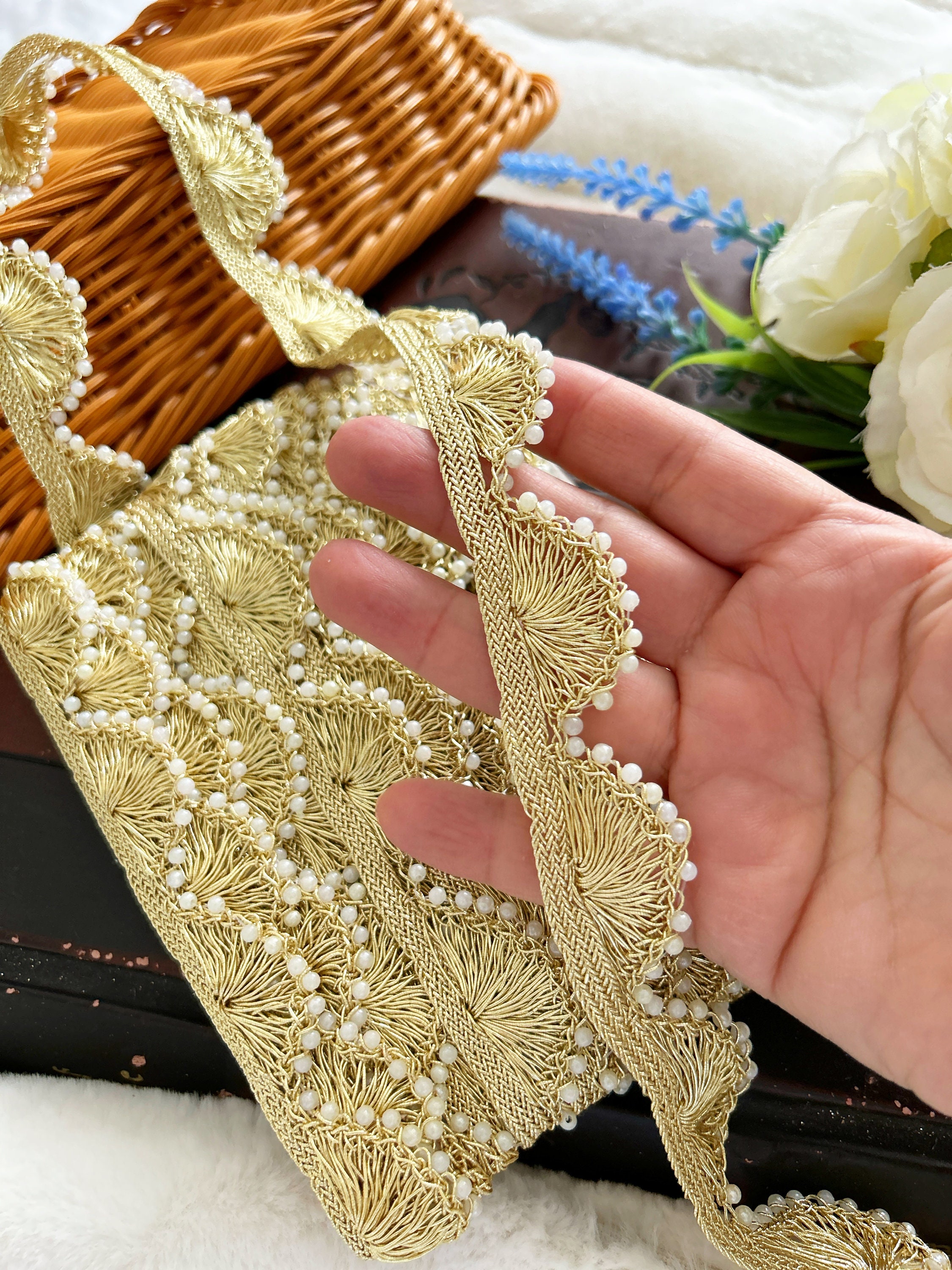 1 Yard Gold Indian Zari Crystal Stone Mirror Pearl Embellished Net Fabric  Trim Sari Dupatta Lace Trim Border, 11.5 Cm Wide 