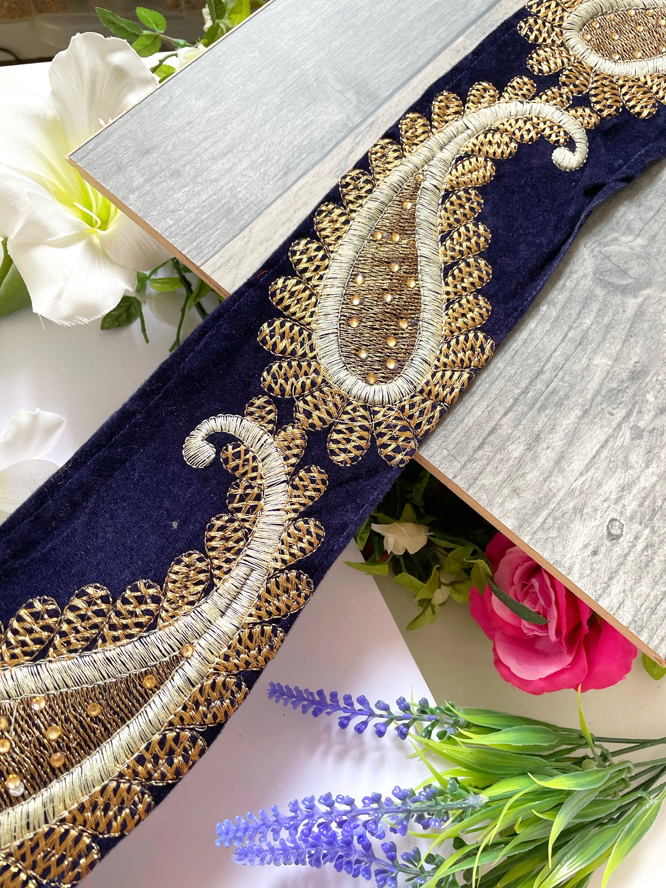 インドの刺繍サリー3点セット+バングルブルー