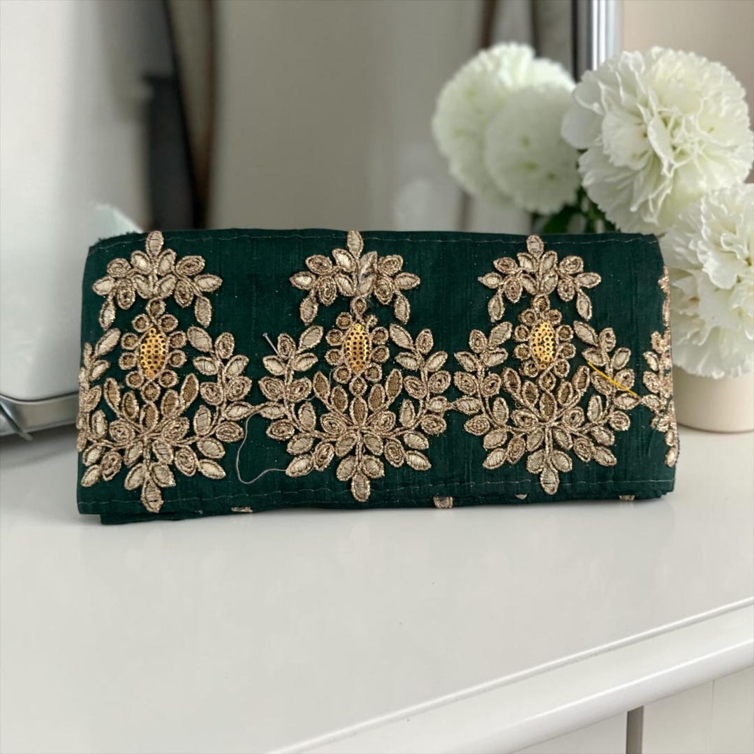 10.8cm Dupion Silk Border Zari Sequin Trim Bottle Green Floral