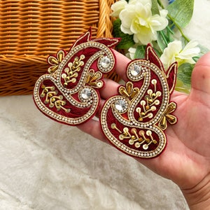 2 Pieces  Maroon Indian Embroidered Applique Gold Paisley Zari Stone Diamanté Embellished Embroidered Appliques, Sewing, Dress, Craft