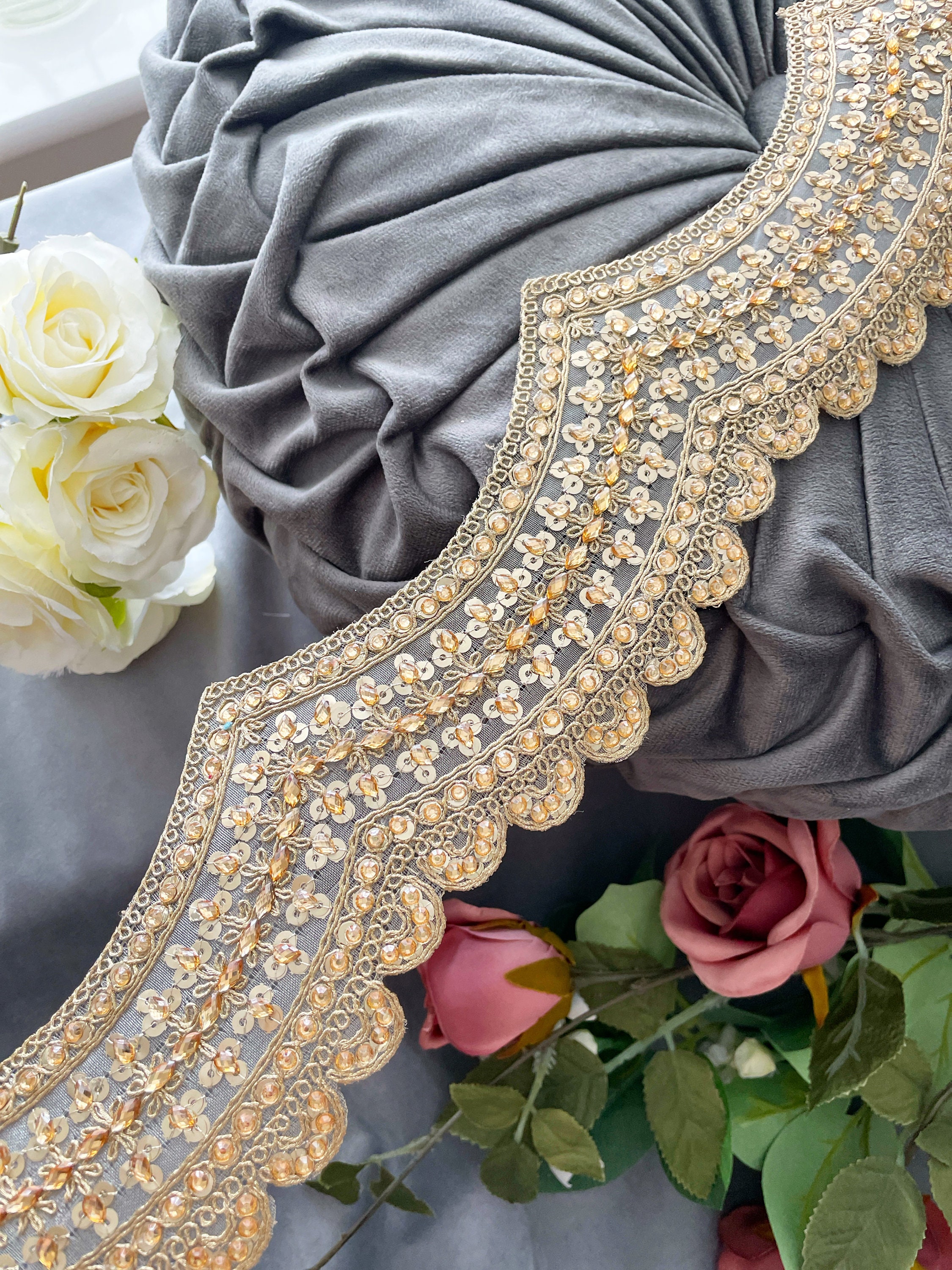 1 Yard Gold Indian Zari Crystal Stone Mirror Pearl Embellished Net Fabric  Trim Sari Dupatta Lace Trim Border, 11.5 Cm Wide 