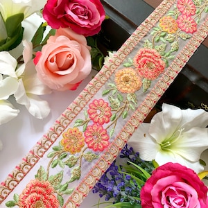 Hell Rosa Pfirsich Grün Rosa Gelb Blumen Stickerei Pailletten Schal Saree Trim, Dupatta Borte, Netz Stoff Indische trimmen -Breite 7,1 Cm