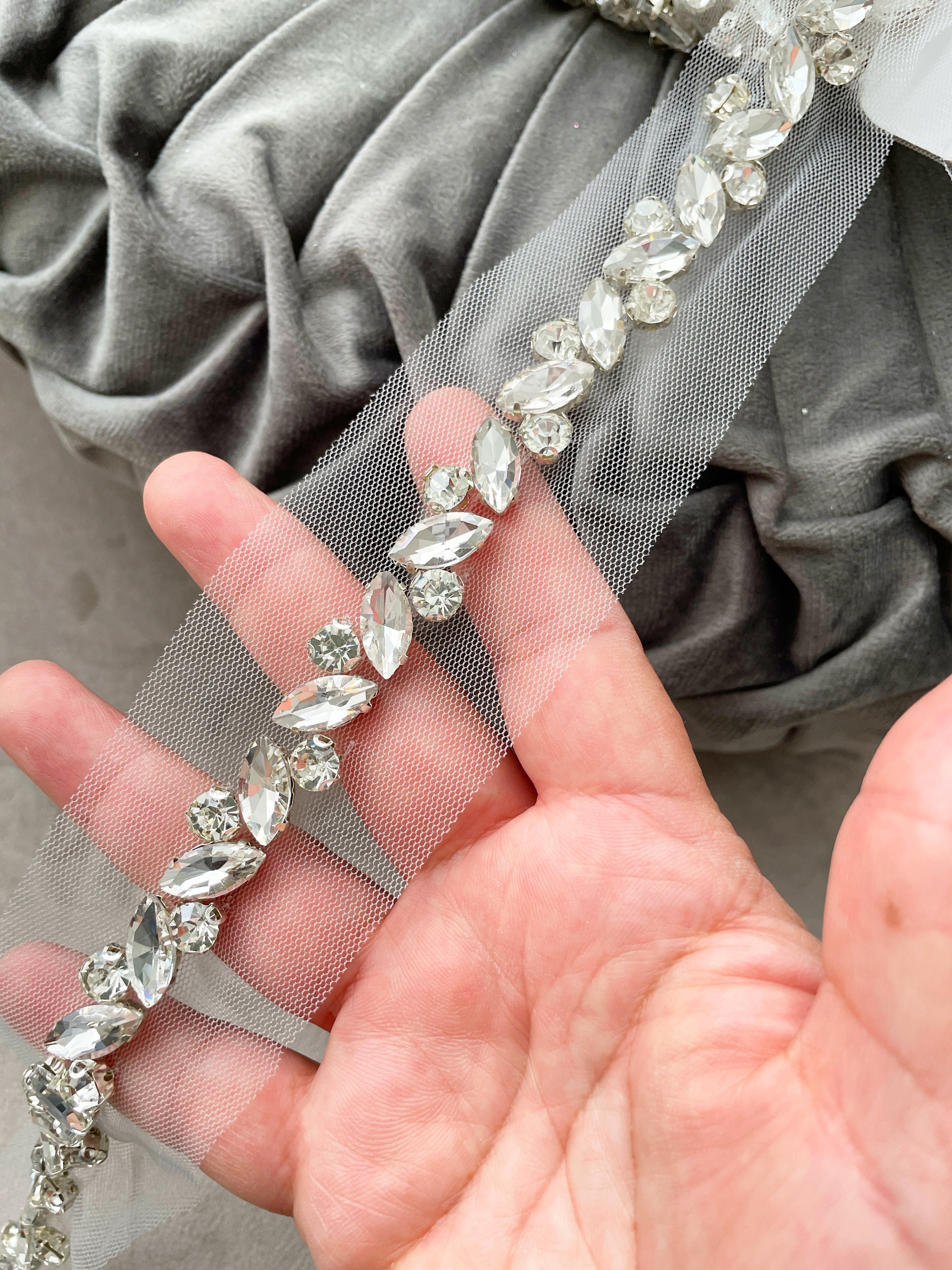 Alejandra Emerald-Cut Rhinestone Iron-On Decorative Trim - Crystal