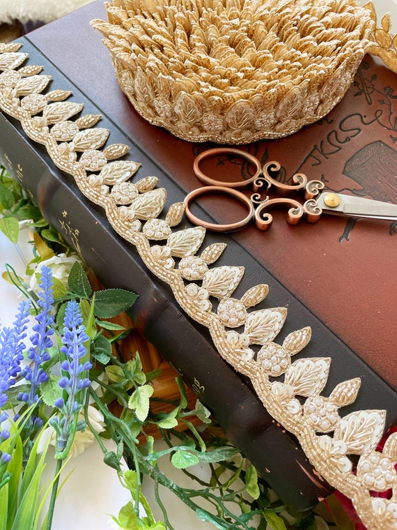 Yard Rose Gold Floral Pearl Sequin Zardosi Trim Indian Laces