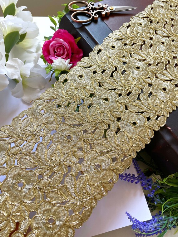 1 Yard Indian Cutwork Gold Zari Wide Floral Bridal Sewing Crafting Lace Trim Applique Sash 6.37 Inch Wide cu421
