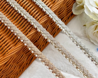 3 Yards Indian Rose Gold/Pale Gold/Shampion Gold Zari Gota Pearl Embellished Sewing Dupatta Bridal Dress Lace Trim  Edging 1.2 Cm Wide