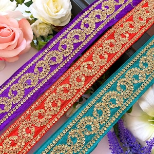 Latest Indian Zari Sequin floral Applique Lace Trim Dupatta Sari  Shawl, Bags, Scrapebooking, Home Deco Fabric - 1 Yards LM5839 R27C