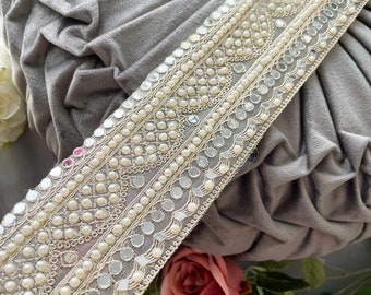 1 Yard Gold Indian Zari Crystal Stone Mirror Pearl Embellished Net Fabric  Trim Sari Dupatta Lace Trim Border, 11.5 Cm Wide 