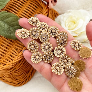 45 Pcs Antique Gold Flower shaped Indian Appliques, Embroidery Rhinestone Golden Applique, Beaded Bridal Appliques, Headband Appliques