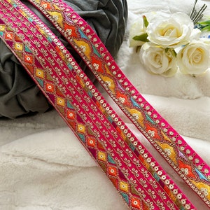 9.5 Yards Pink Multicolour Indian Zari Sequin Embellished Embroidered Hats Bag Saree Trimming Decorative Crafting Sewing Sari Border