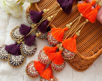 1 Pair Orange/ Wine Gold Stone Pearl Embellished Embroidered Latkans, purse hangings, home décor Craft Sewing Indian, sari tassel no 19