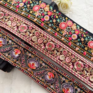 Lot de 3 bordures de broderie indiennes assorties, lacets décoratifs, bordures de sari, embellissements de scrapbooking à sequins