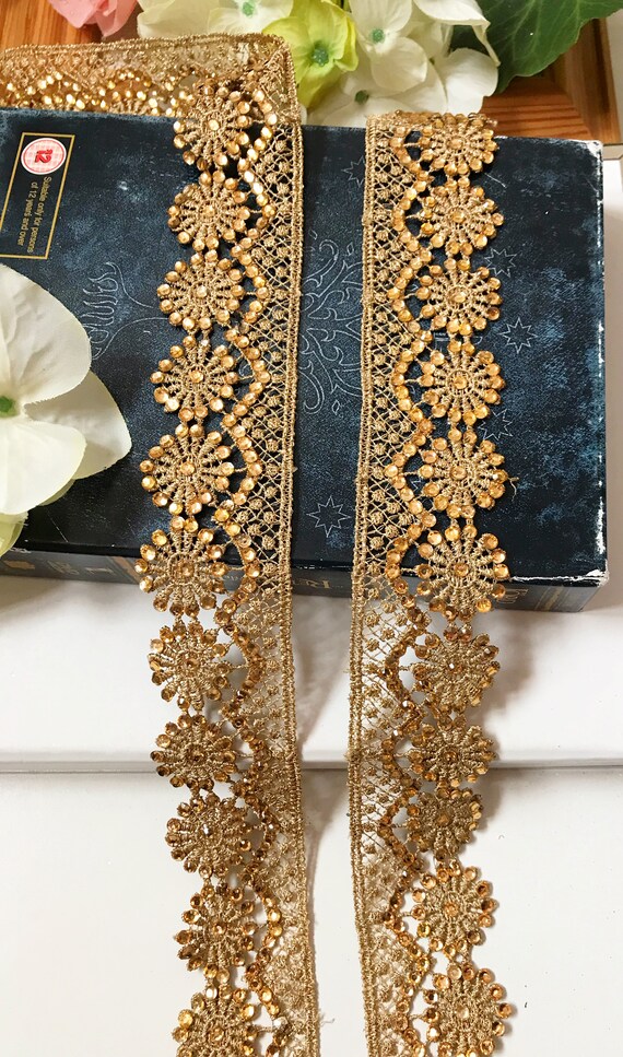 9 yardas último Espejo indio Perla y trabajo zari Piedra Sari Dupatta Ribete De Encaje