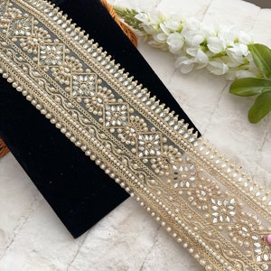 1 mètre, filet indien doré, pierre miroir, perles, brodées, mariée, mariage, robe Dupatta, costume, fabrication de bordures en dentelle, 11,2 cm de large