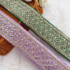 1 mètre lilas/vert pailleté perle Cutdana orné de broderies couture mariée Dupatta artisanat sari dentelle indienne 7,5 cm