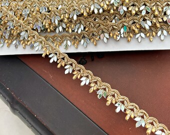 Gold Mirror Stone Embellished Lace Trim: Indian Sari Border (1.6 Cm Wide,3 Yards)