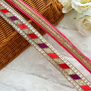 9,5 mètres pêche multi or Zari Gota perle embellie florale brodée Dupatta garniture sari garniture artisanat gratter réservation tissu dentelle indienne